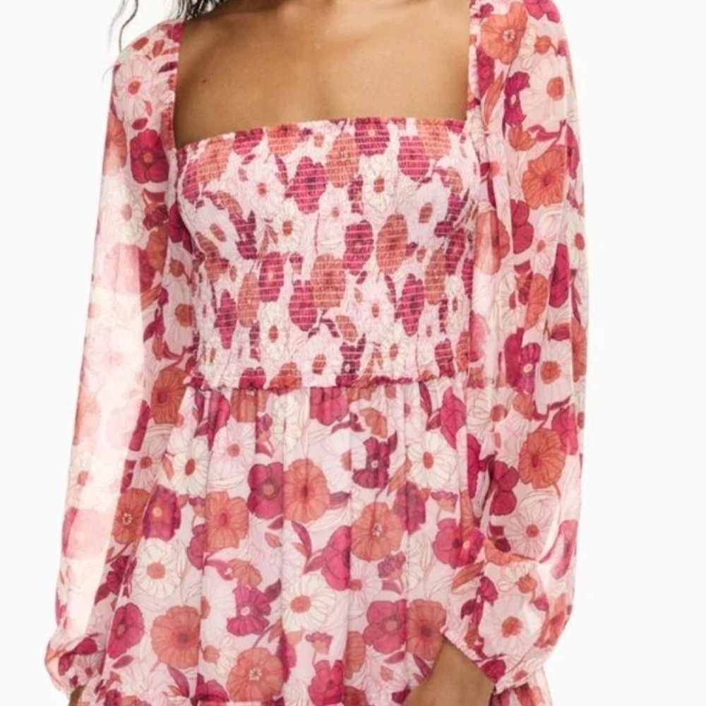 Wilfred Aritzia Artesia Smocked Pink Poppy Floral Boho Cottagecore Mini Dress M - Picture 4 of 16